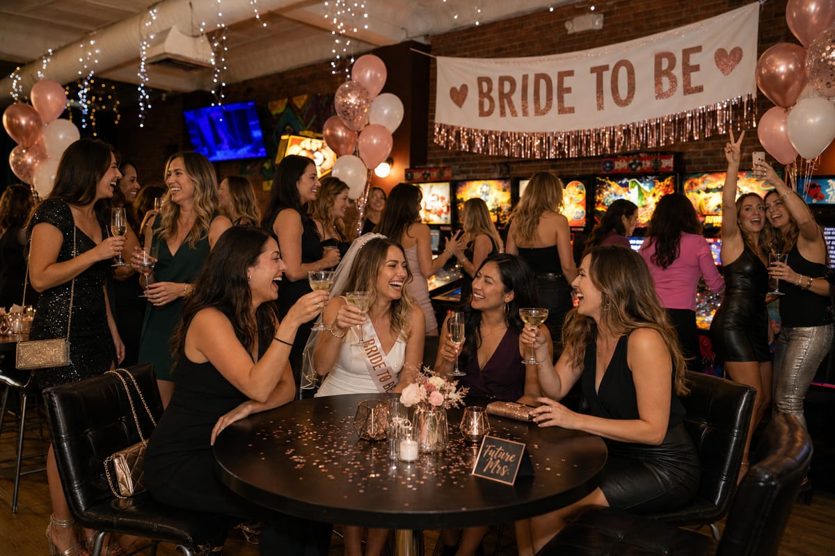 A bachelorette party celebrating under a Bride To Be banner at 1UP Arcade Bar