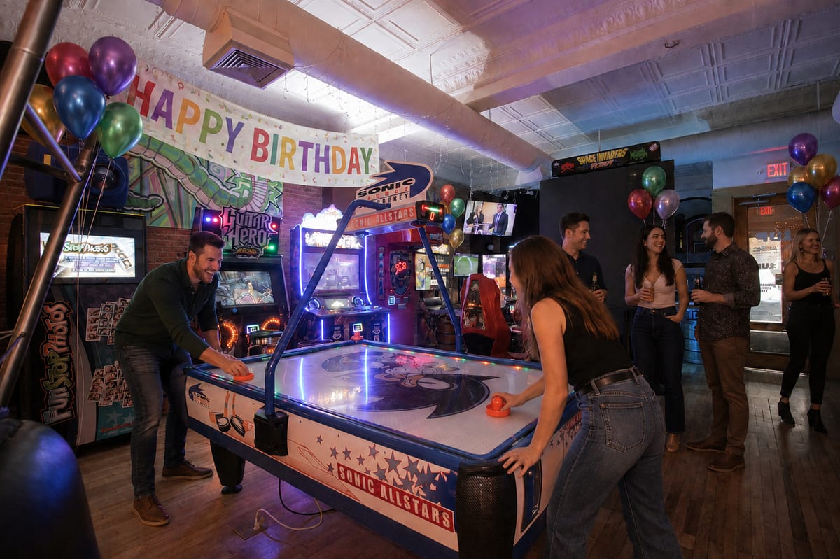 Friends playing air hockey under a Happy Birthday banner at 1UP Arcade Bar
