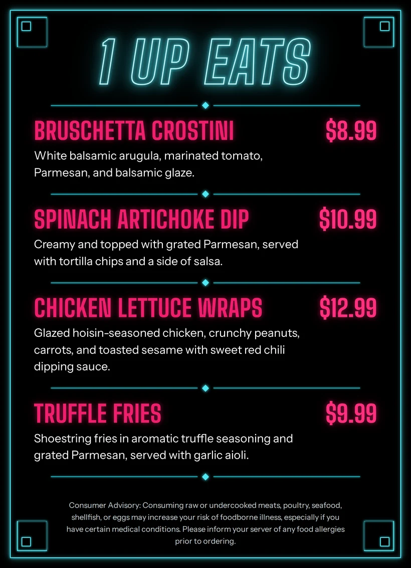 1UP Eats — the 1UP Arcade Bar food menu